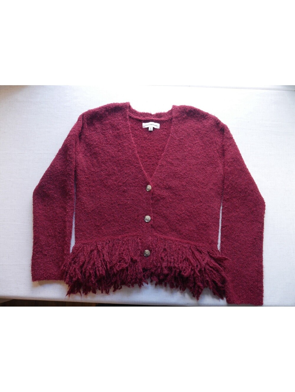 Lucky Brand Women’s M Burgundy Red Fuzzy Fringe Hem Cardigan Sweater Boho Y2K